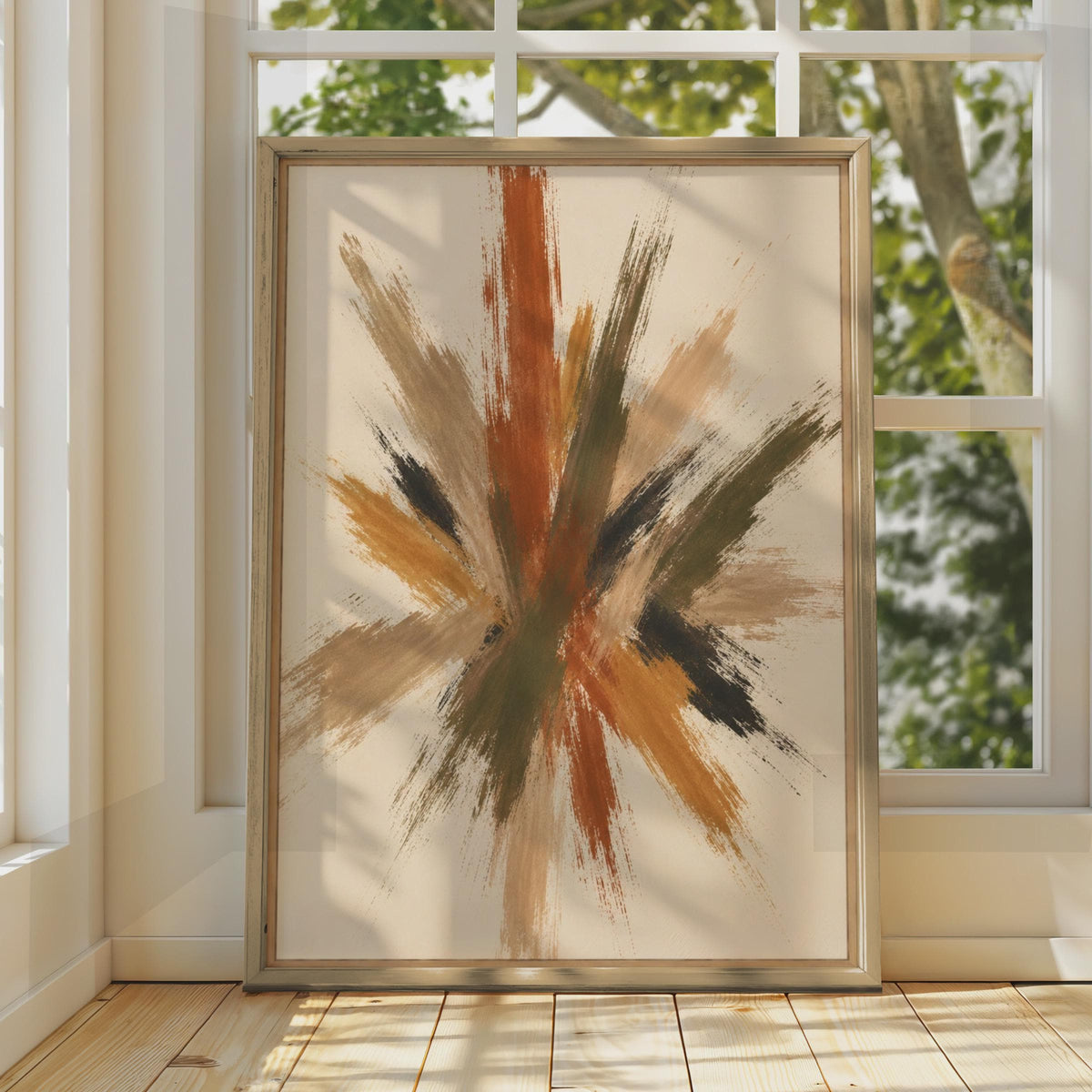 Abstract Brushstroke Poster, Terracotta Olive Burst Wall Art, Earthy Tones Modern Decor