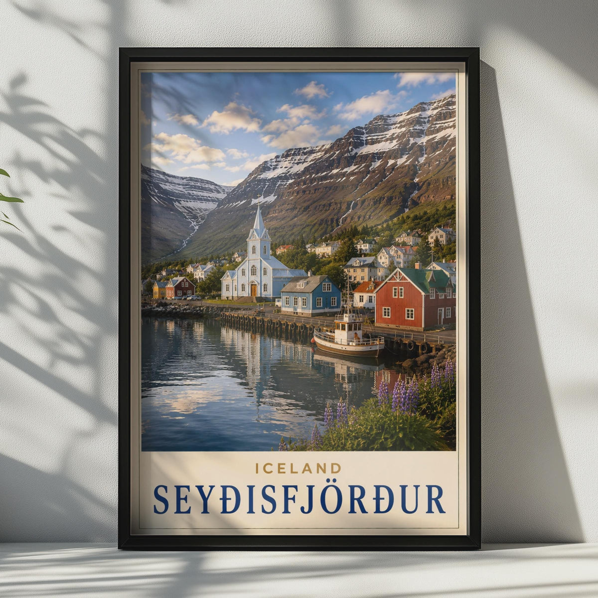 Seydisfjordur Iceland Travel Poster, Nordic Fjord Village, Snow Mountains (Print)