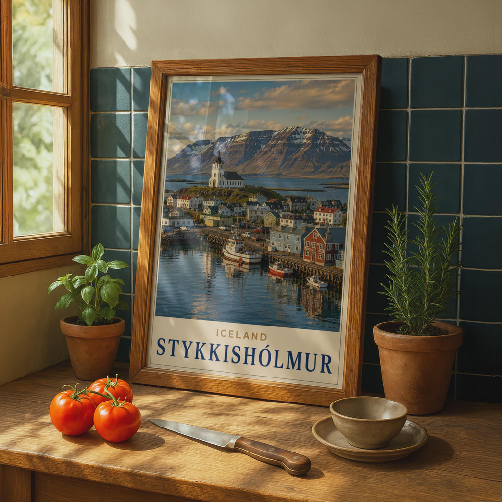 Stykkisholmur Iceland Travel Poster, Nordic Harbour Town, Snæfellsnes Peninsula Decor