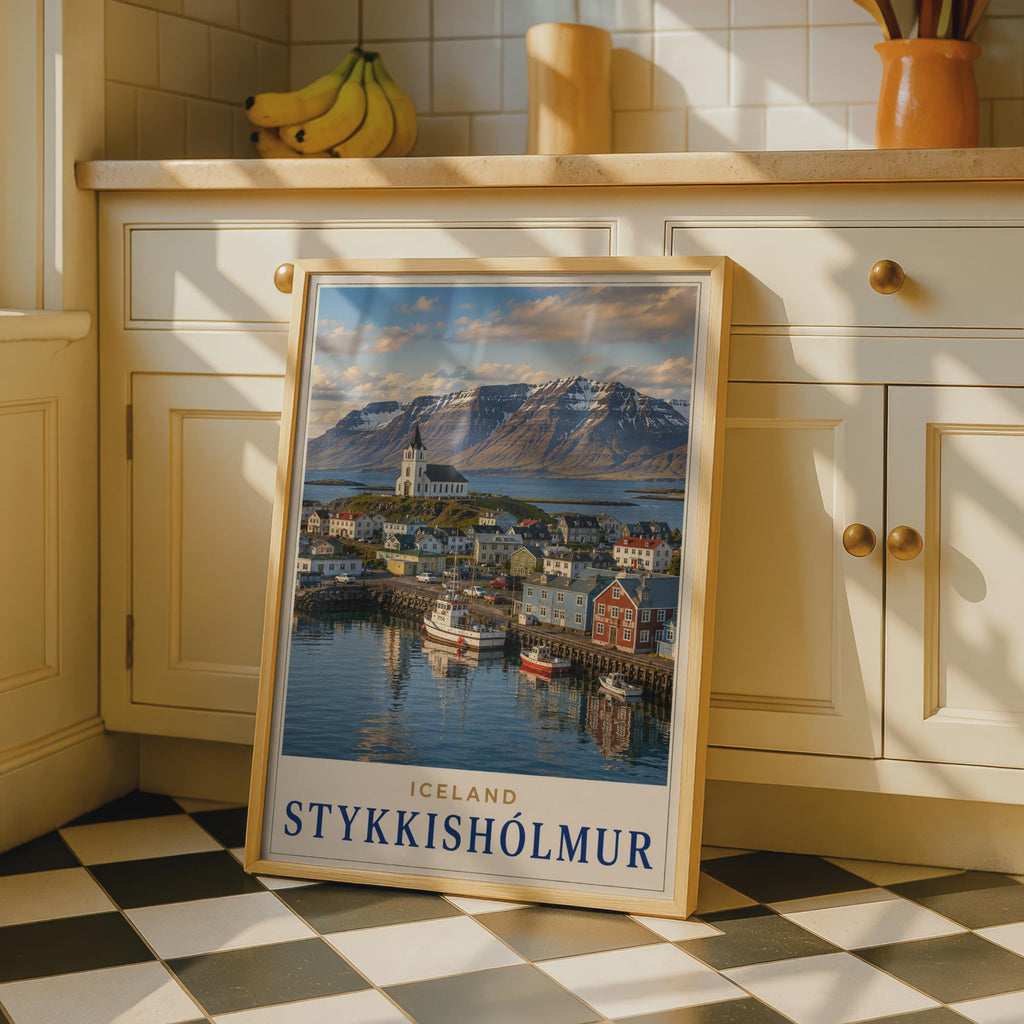 Stykkisholmur Iceland Travel Poster, Nordic Harbour Town, Snæfellsnes Peninsula Decor