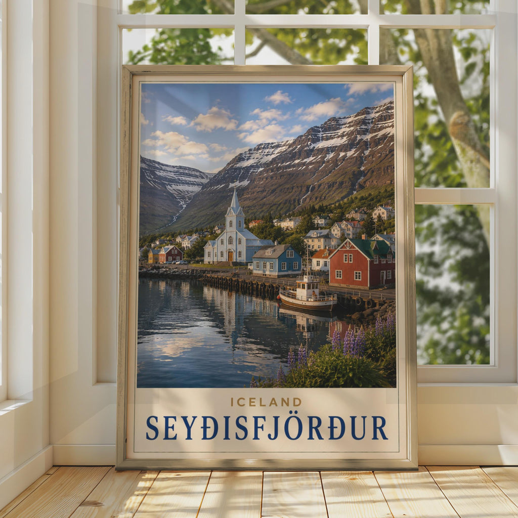 Seydisfjordur Iceland Travel Poster, Nordic Fjord Village, Snow Mountains (Print)