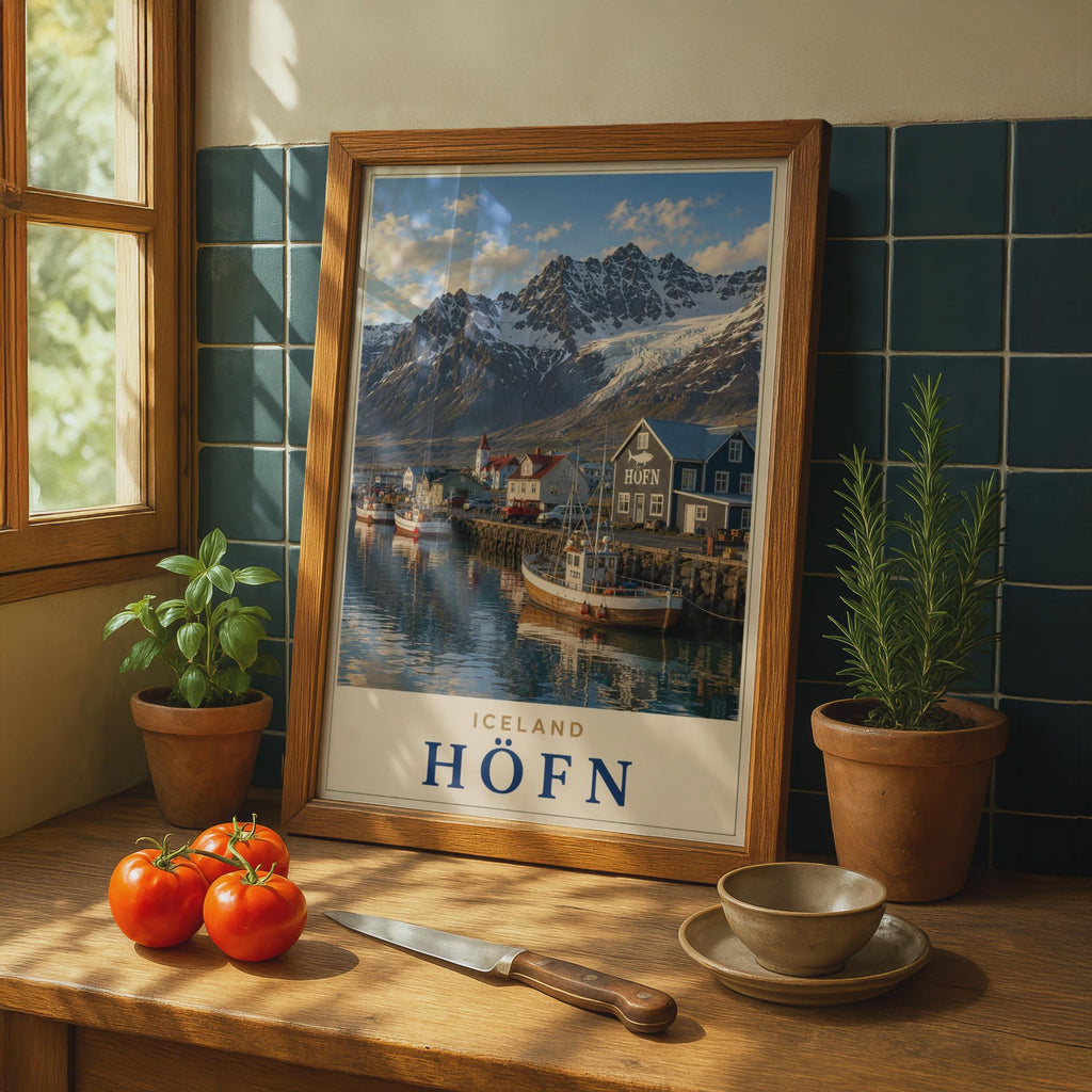 Hofn Iceland Travel Poster, Snowy Mountains, Fishing Village, Nordic Coastal Art (Print)