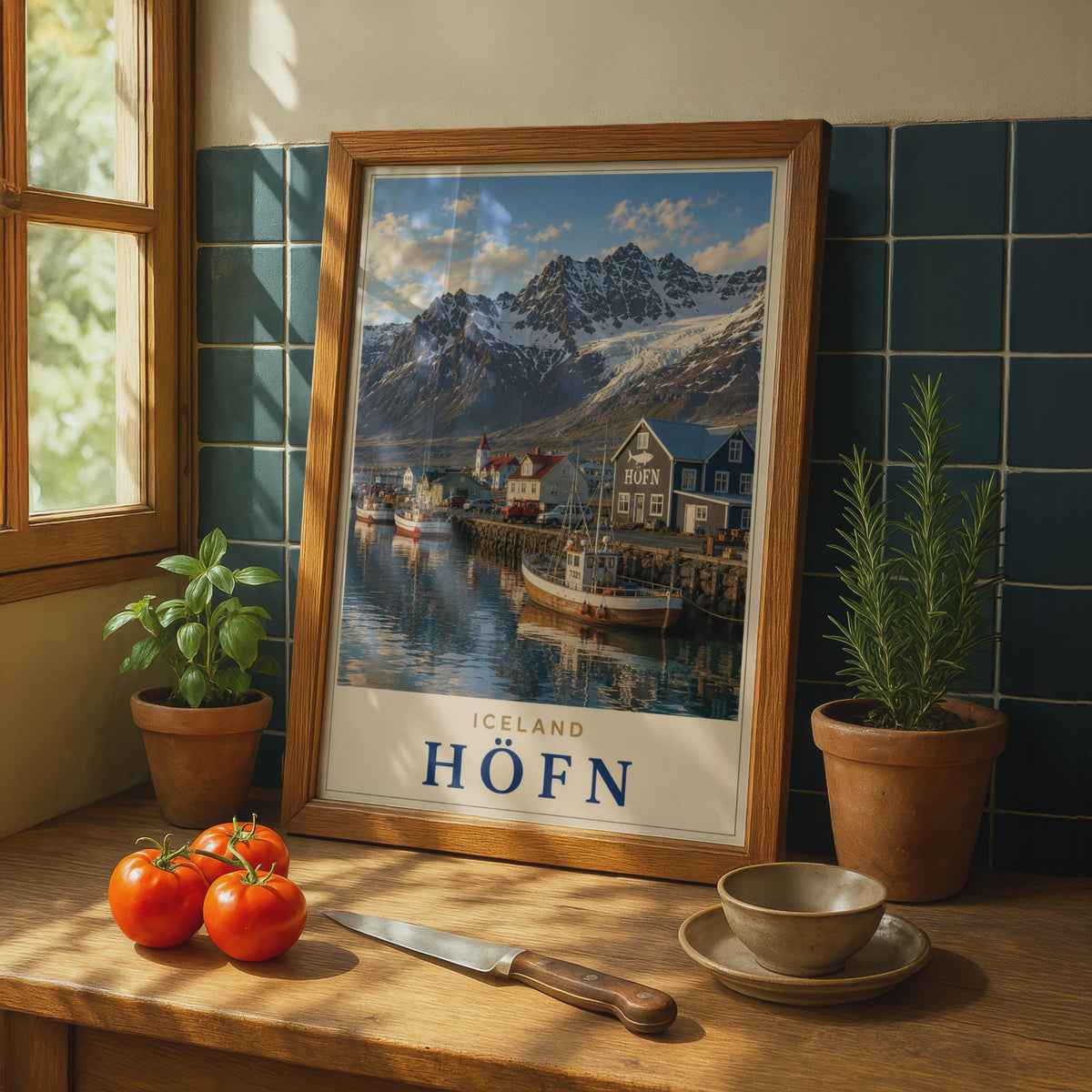 Hofn Iceland Travel Poster, Snowy Mountains, Fishing Village, Nordic Coastal Art (Print)
