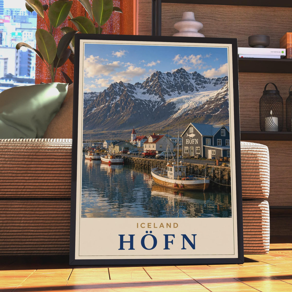 Hofn Iceland Travel Poster, Snowy Mountains, Fishing Village, Nordic Coastal Art (Print)