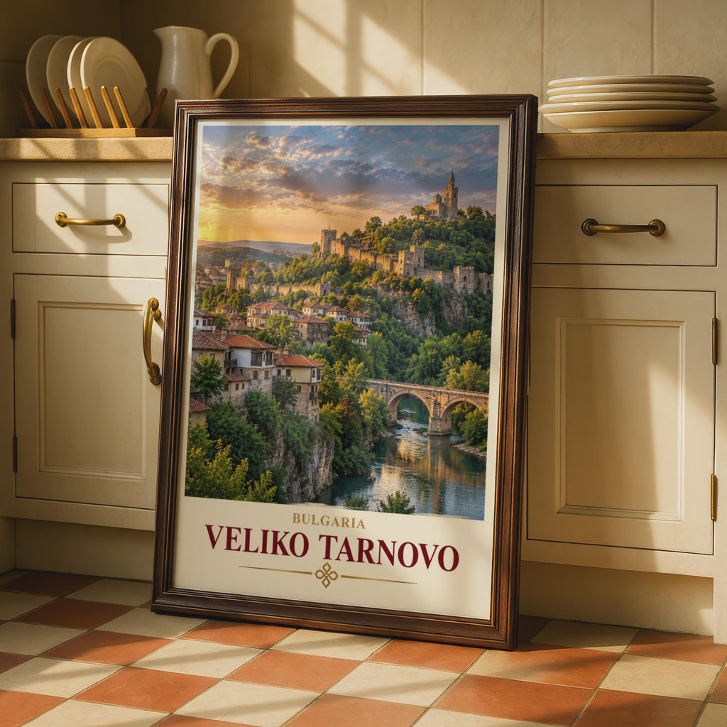 Veliko Tarnovo Travel Poster, Tsarevets Fortress, Bulgarian City Sunset (Print)