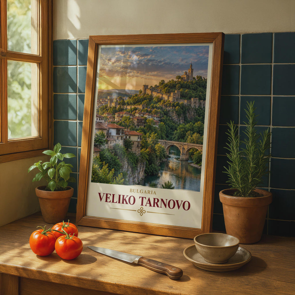 Veliko Tarnovo Travel Poster, Tsarevets Fortress, Bulgarian City Sunset (Print)