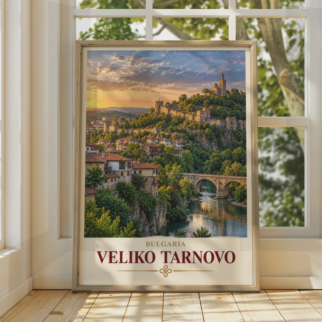 Veliko Tarnovo Travel Poster, Tsarevets Fortress, Bulgarian City Sunset (Print)