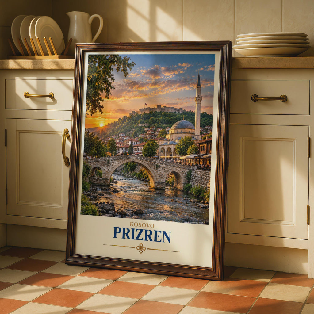 Prizren Kosovo Travel Poster, Stone Bridge Mosque Fortress Sunset (Print)
