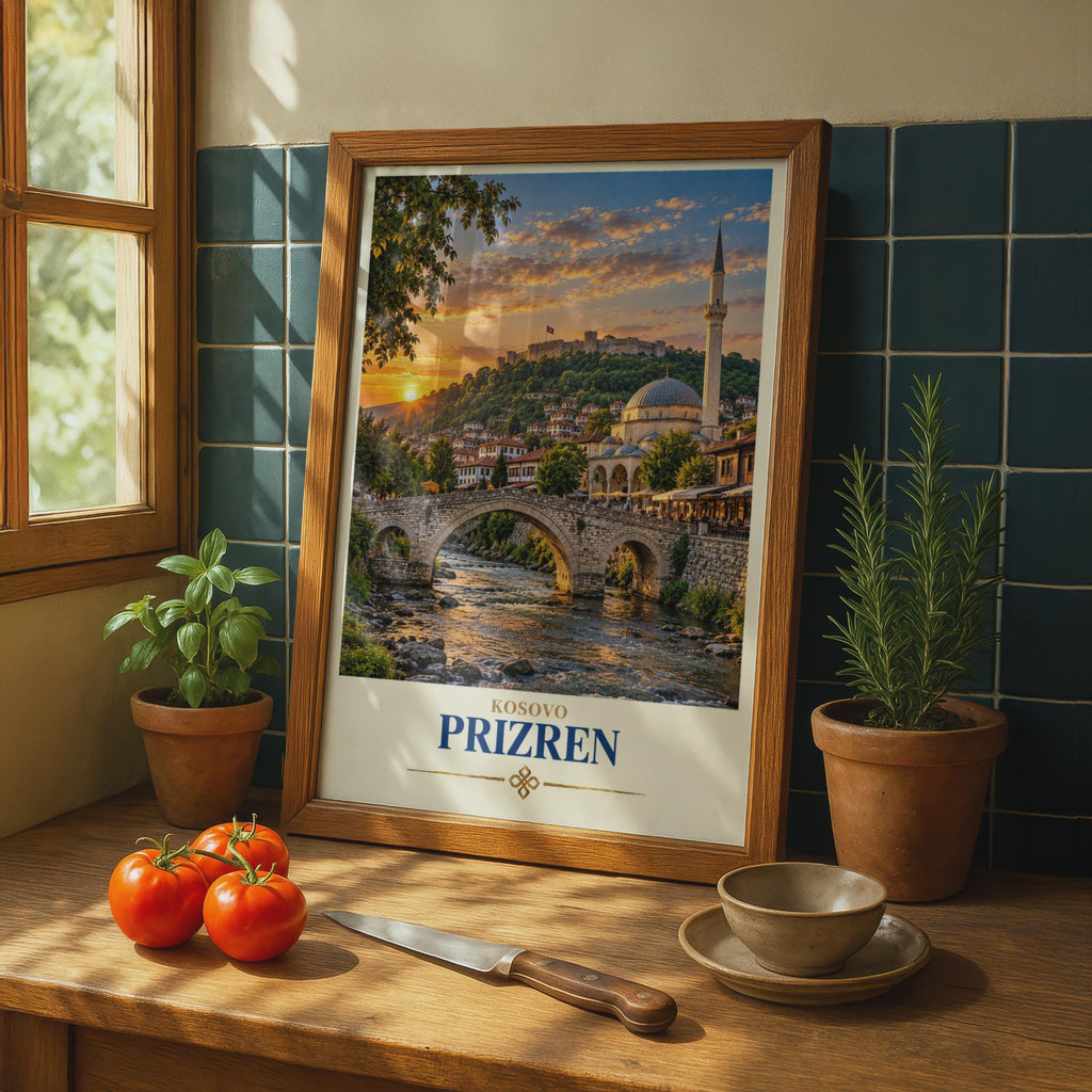Prizren Kosovo Travel Poster, Stone Bridge Mosque Fortress Sunset (Print)