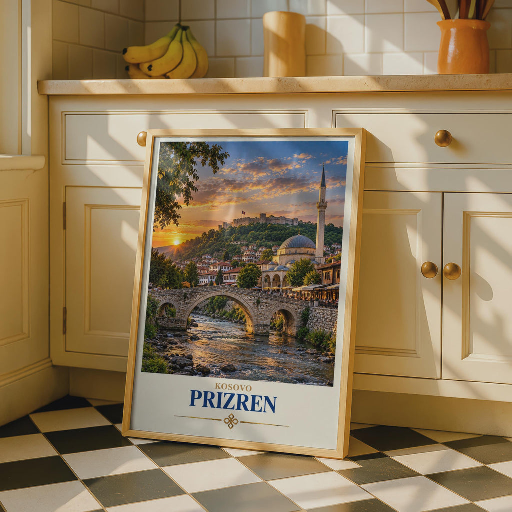 Prizren Kosovo Travel Poster, Stone Bridge Mosque Fortress Sunset (Print)