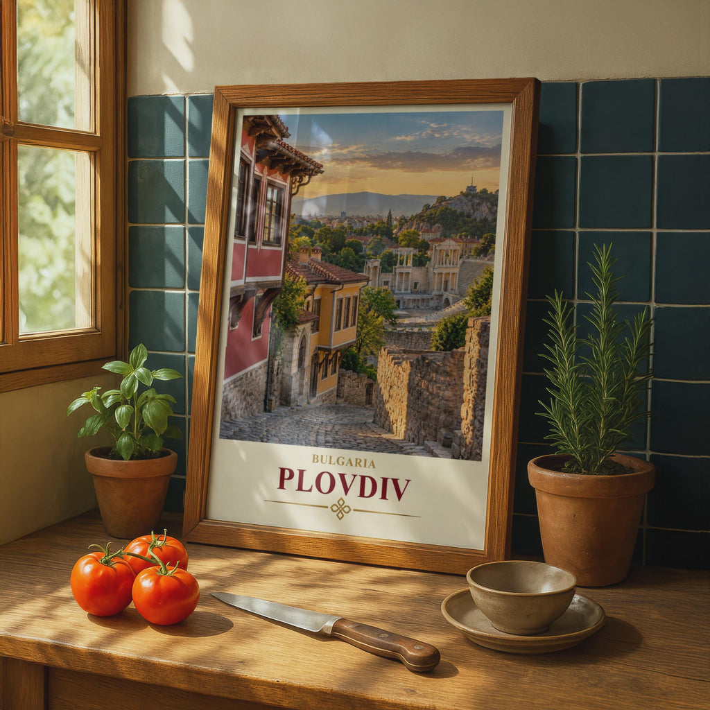 Plovdiv Bulgaria Travel Poster, Roman Theatre, National Revival Houses, Sunset City Art (Printed Poster)