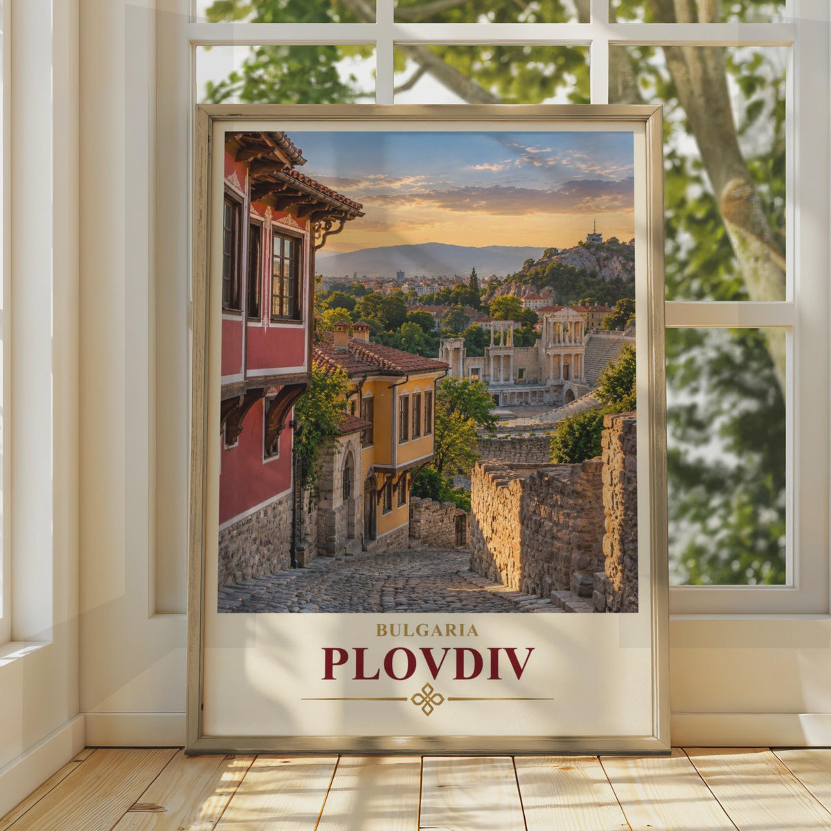 Plovdiv Bulgaria Travel Poster, Roman Theatre, National Revival Houses, Sunset City Art (Printed Poster)