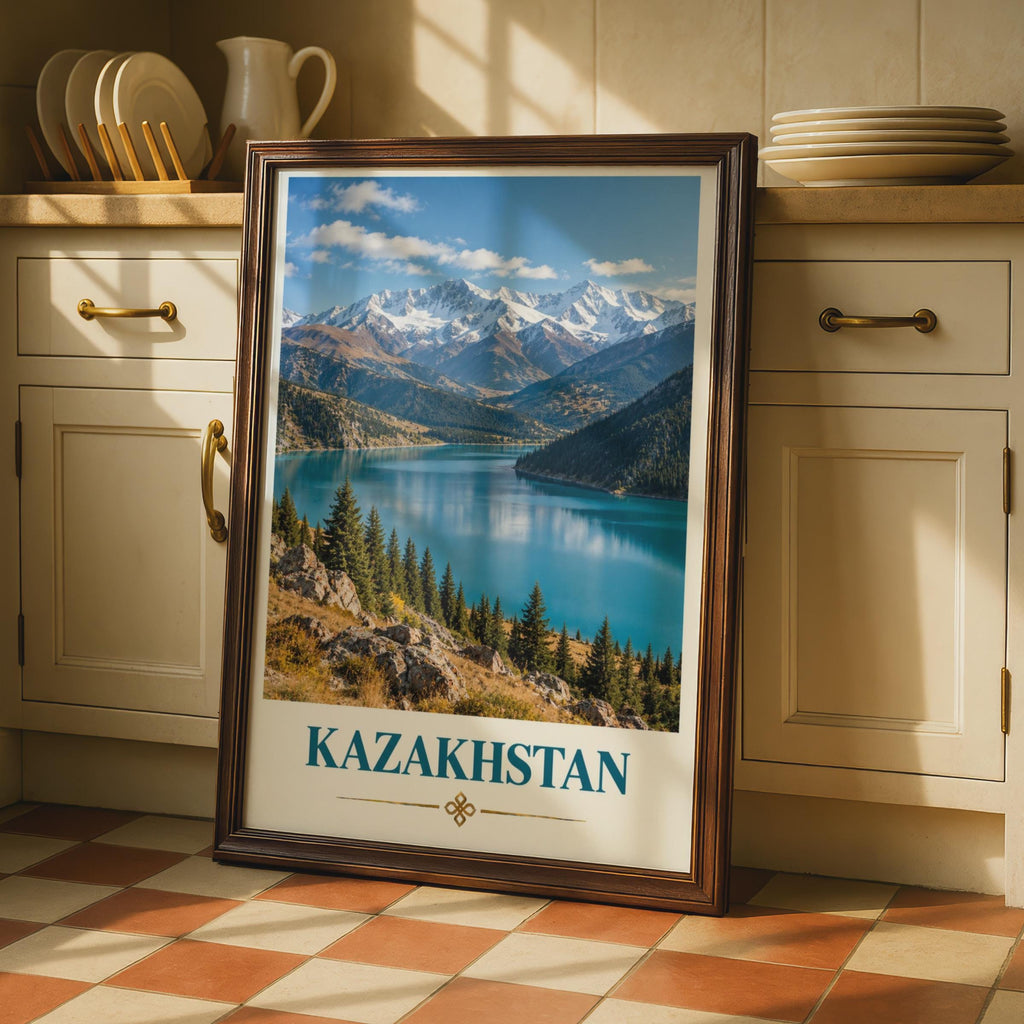 Kazakhstan Travel Poster, Tian Shan Mountain Lake Print, Central Asia Wall Art
