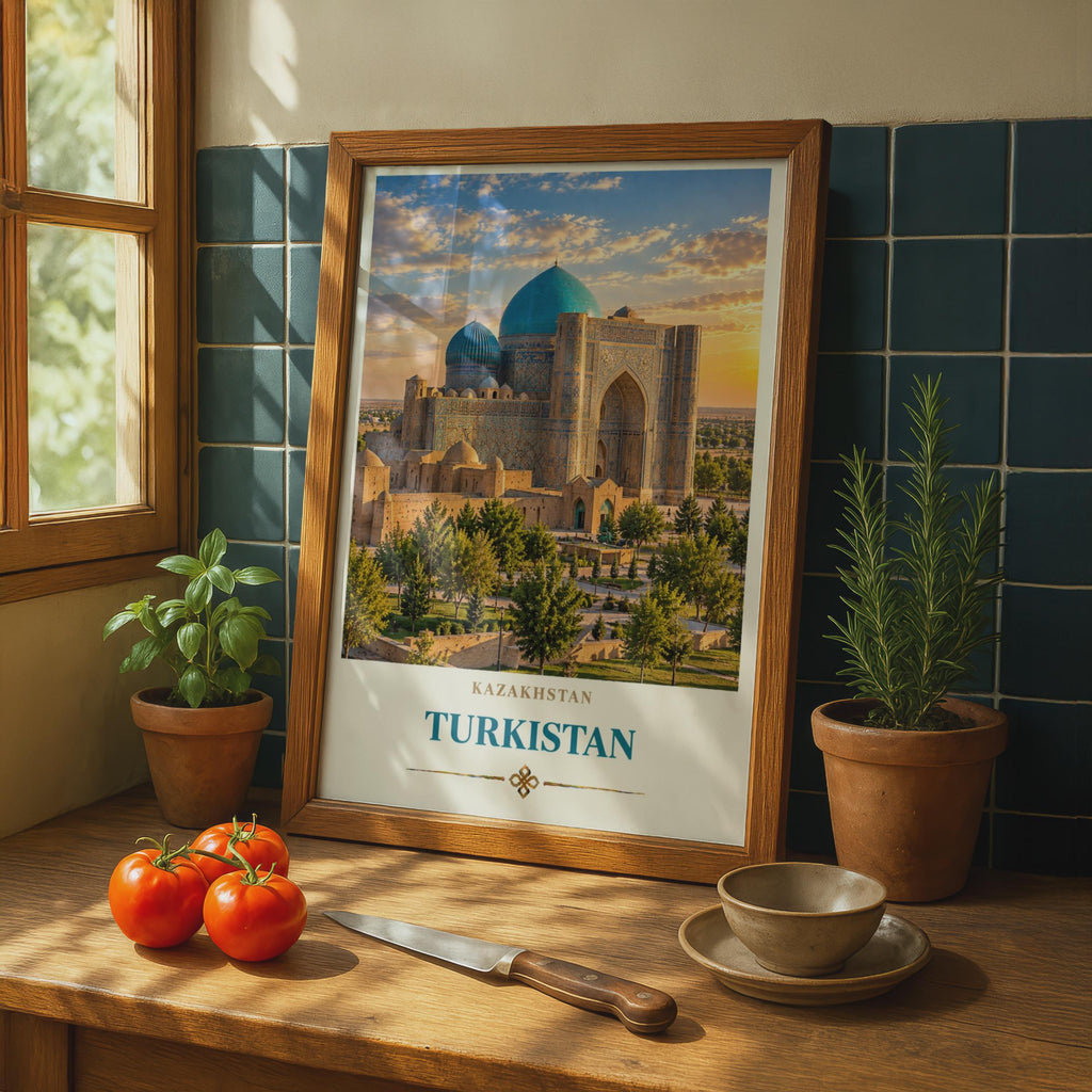 Turkistan Mausoleum Travel Poster, Teal Dome Architecture, Central Asia Wall Art (Print)