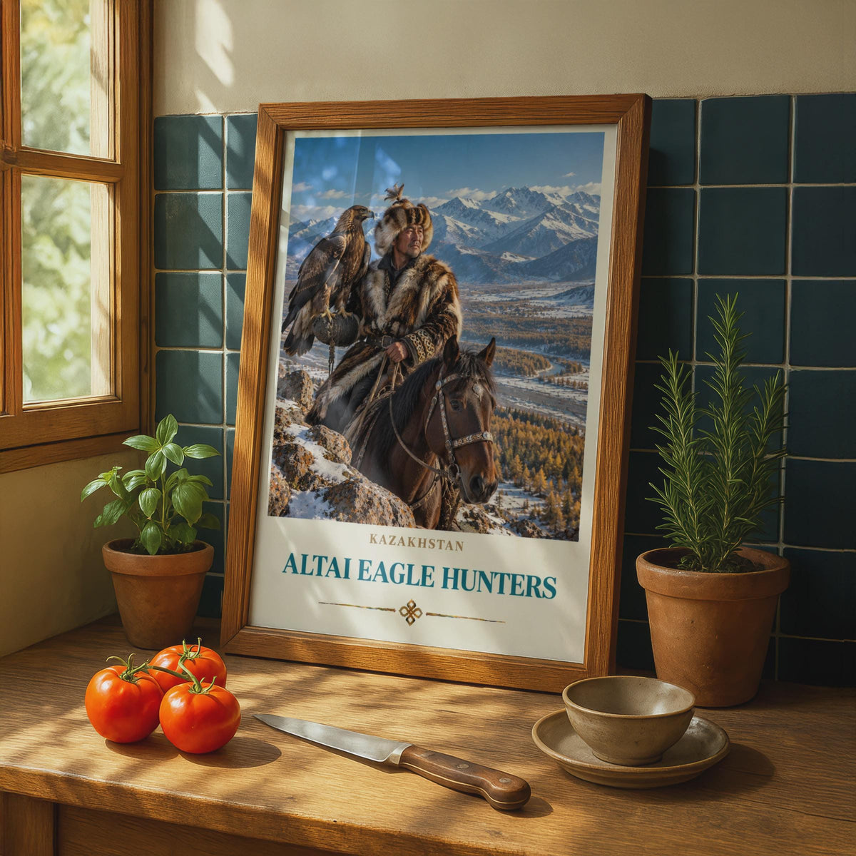 Kazakhstan Altai Eagle Hunters Poster, Central Asia Falconry Wall Art (Print)