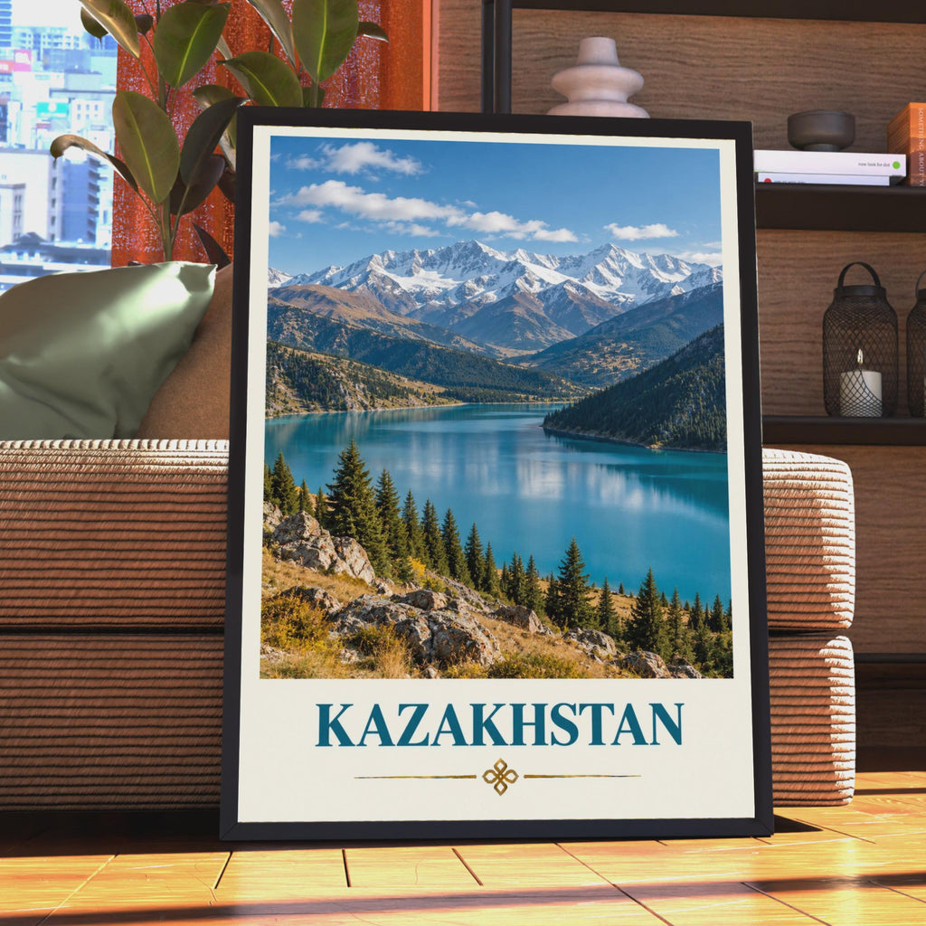 Kazakhstan Travel Poster, Tian Shan Mountain Lake Print, Central Asia Wall Art