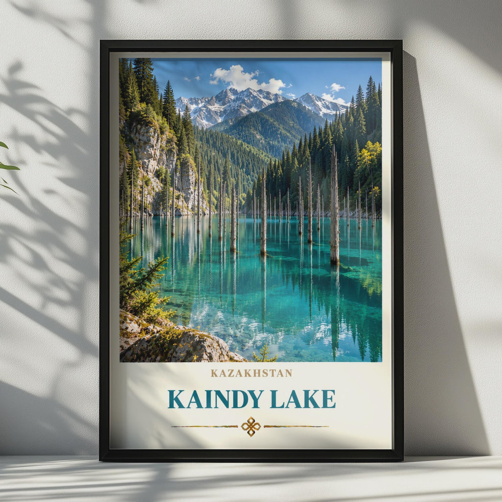 Kaindy Lake Travel Poster, Submerged Forest, Teal Mountain Lake Print (Central Asia Wall Art)
