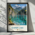 Kaindy Lake Travel Poster, Submerged Forest, Teal Mountain Lake Print (Central Asia Wall Art)