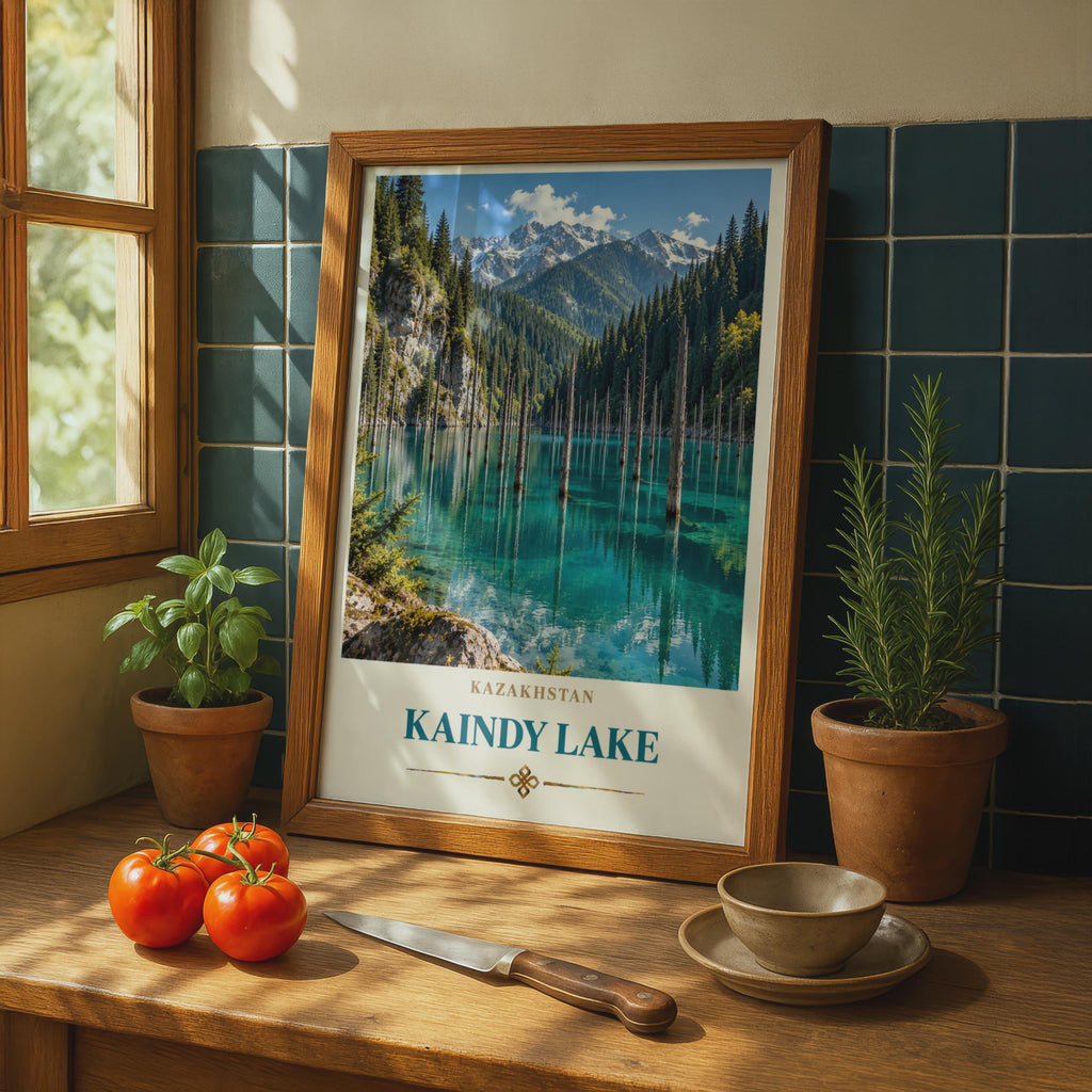 Kaindy Lake Travel Poster, Submerged Forest, Teal Mountain Lake Print (Central Asia Wall Art)