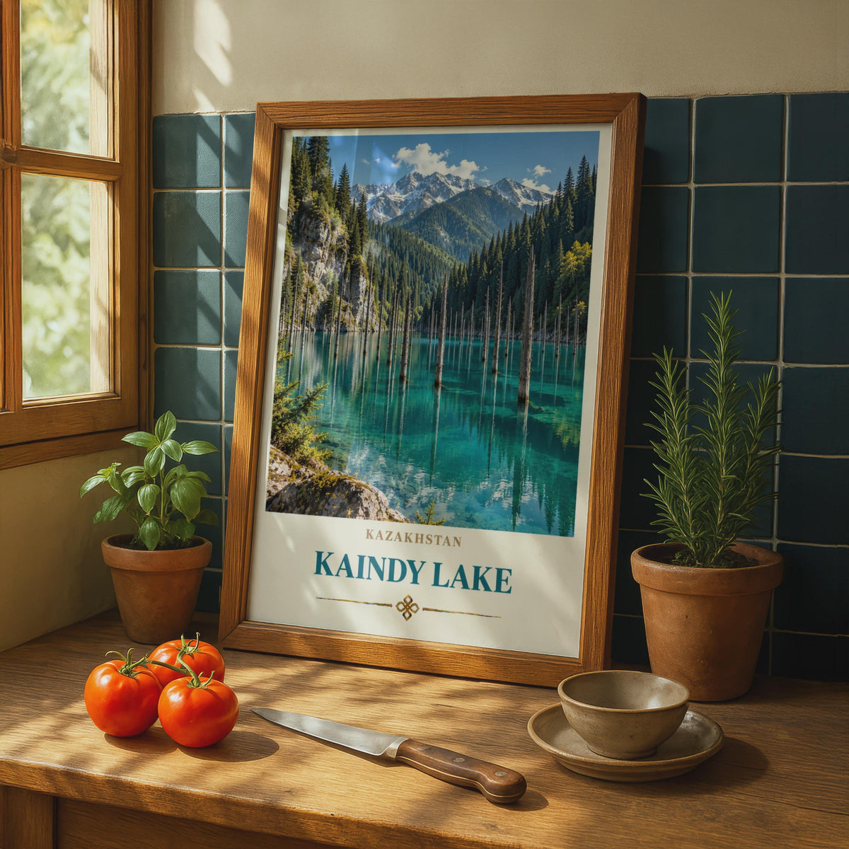 Kaindy Lake Travel Poster, Submerged Forest, Teal Mountain Lake Print (Central Asia Wall Art)