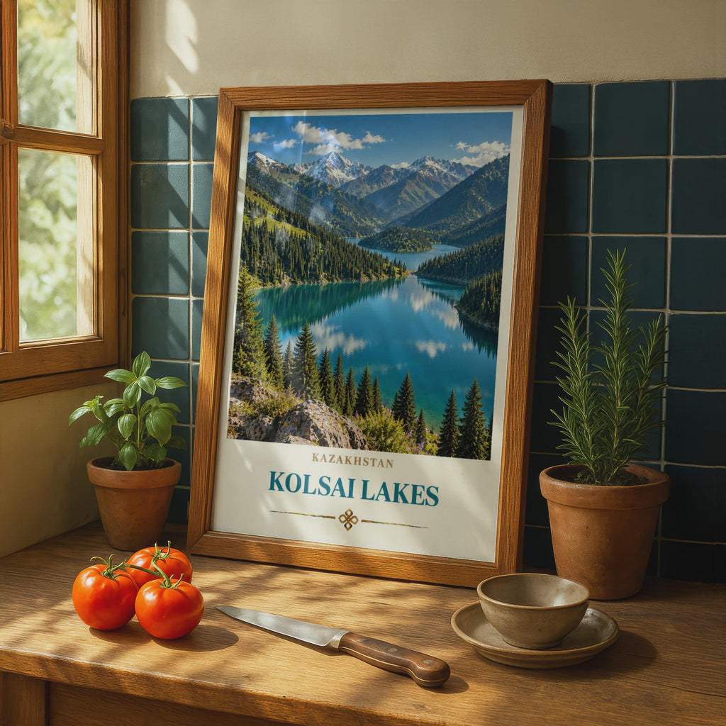 Kolsai Lakes Kazakhstan Travel Poster, Central Asia Mountain Lake Print (Wall Art)