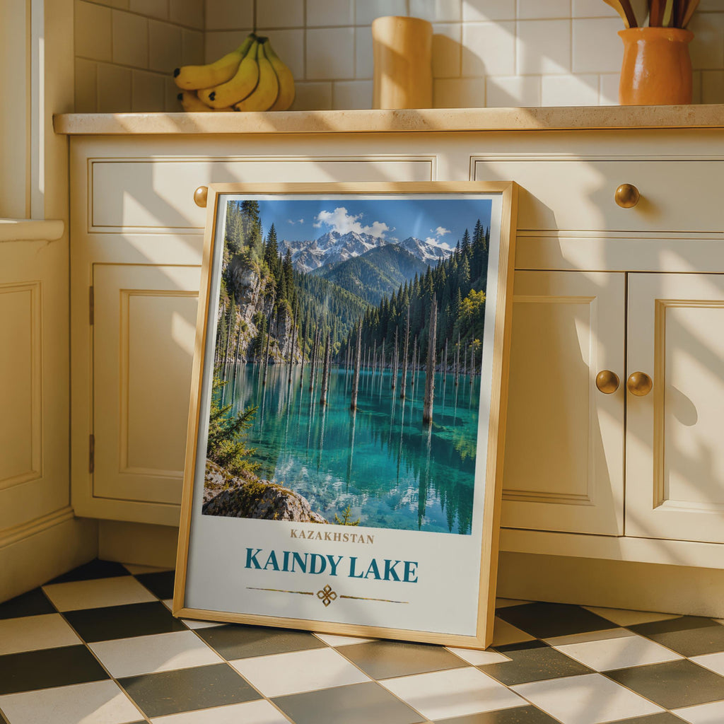 Kaindy Lake Travel Poster, Submerged Forest, Teal Mountain Lake Print (Central Asia Wall Art)