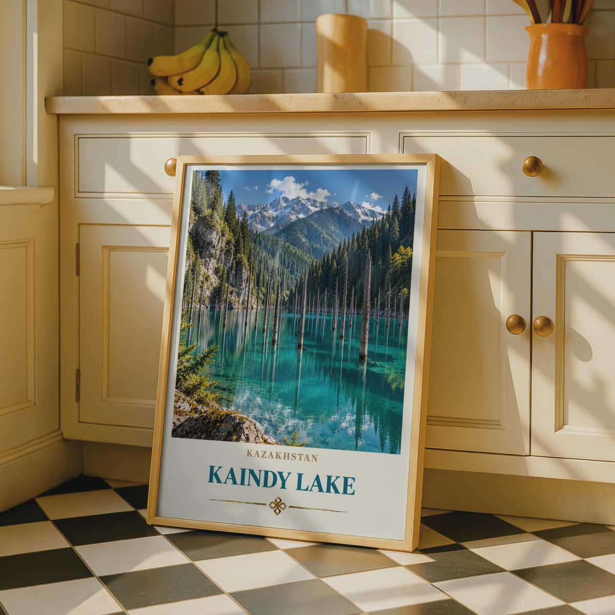 Kaindy Lake Travel Poster, Submerged Forest, Teal Mountain Lake Print (Central Asia Wall Art)