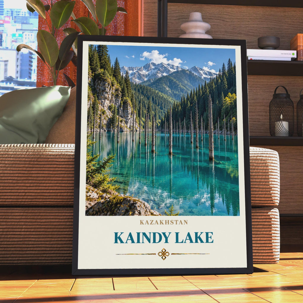 Kaindy Lake Travel Poster, Submerged Forest, Teal Mountain Lake Print (Central Asia Wall Art)