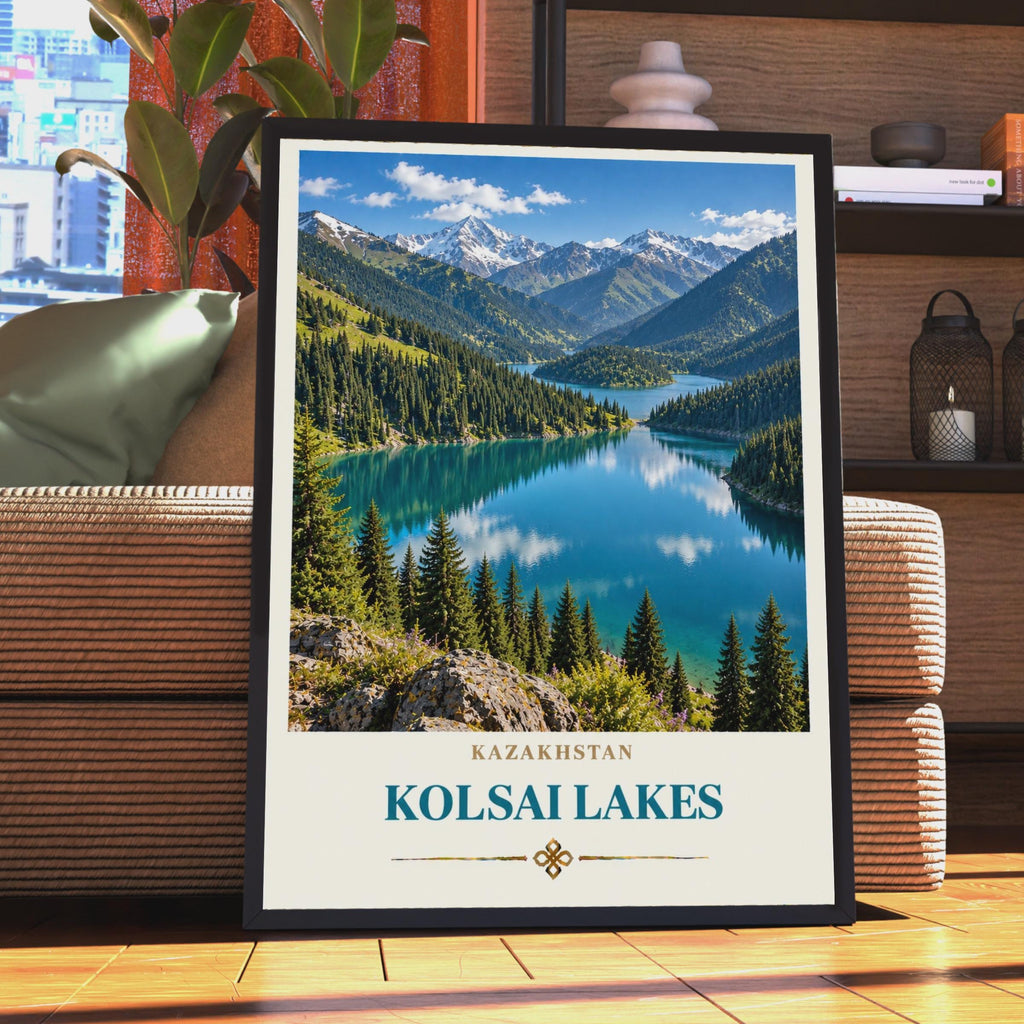 Kolsai Lakes Kazakhstan Travel Poster, Central Asia Mountain Lake Print (Wall Art)
