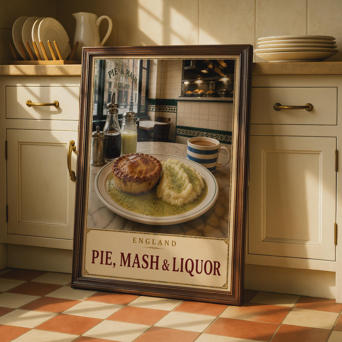 Vintage London Pie Shop Poster, Traditional English Food Art, Cockney Culture Gift