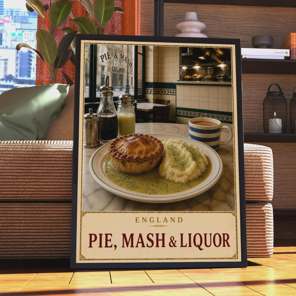 Vintage London Pie Shop Poster, Traditional English Food Art, Cockney Culture Gift