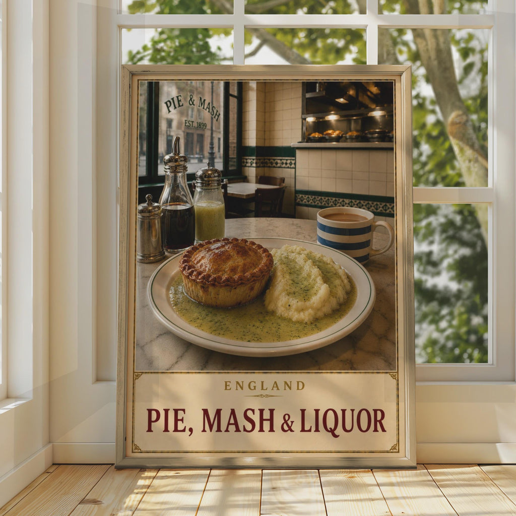 Vintage London Pie Shop Poster, Traditional English Food Art, Cockney Culture Gift