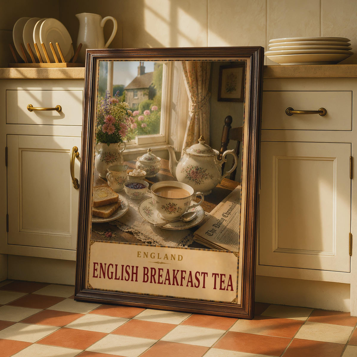 English Breakfast Tea Poster, Vintage Countryside Kitchen Art, Floral China Teapot Print