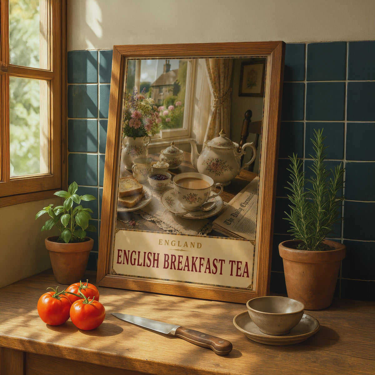 English Breakfast Tea Poster, Vintage Countryside Kitchen Art, Floral China Teapot Print