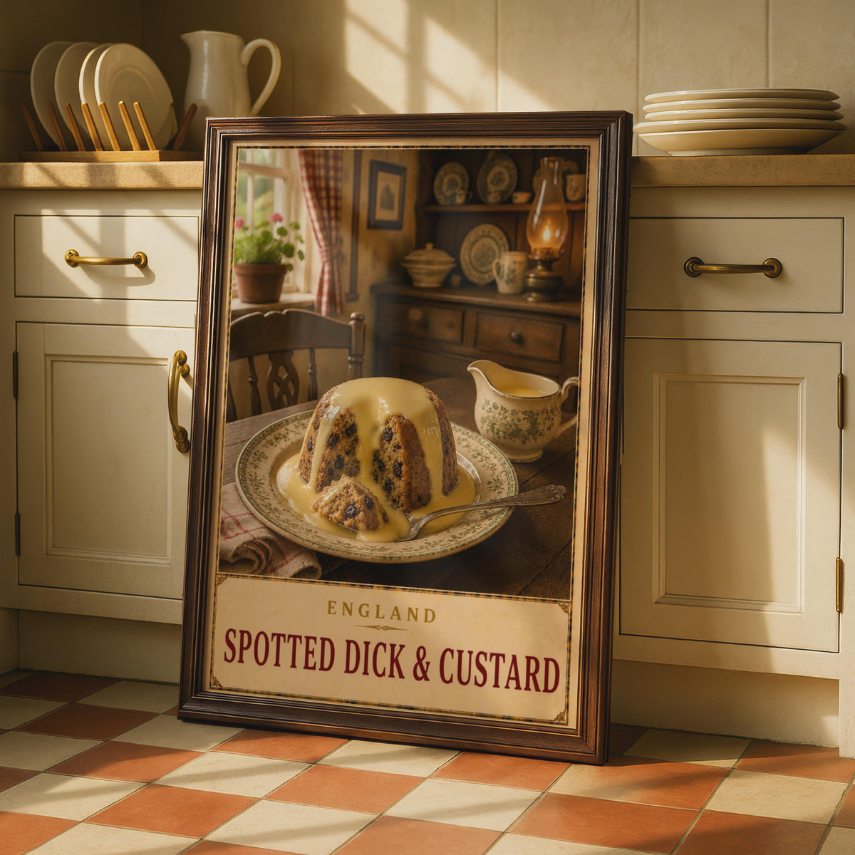 Spotted Dick & Custard Poster, Vintage English Pudding Wall Art (Print)