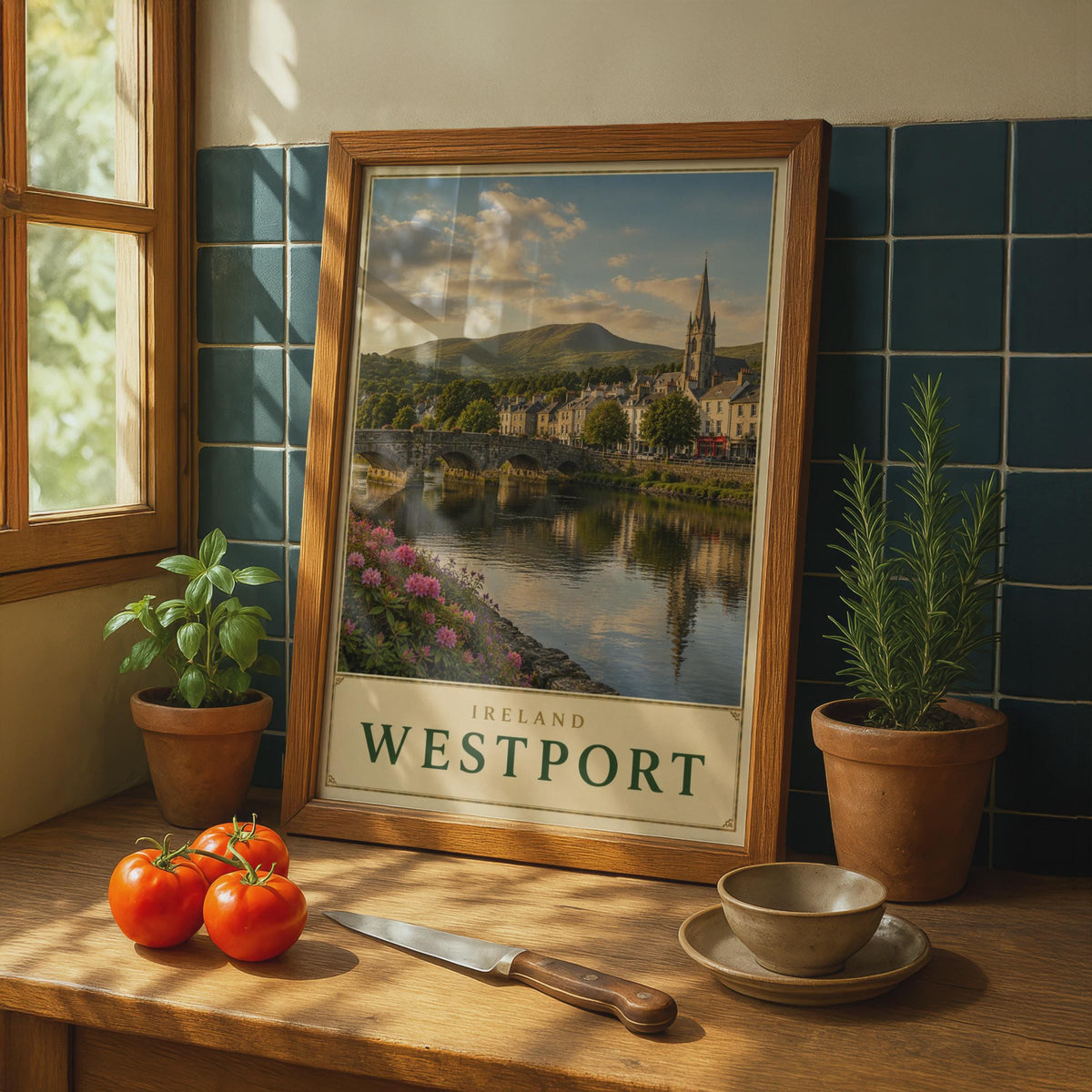 Westport Ireland Travel Poster, County Mayo River Bridge Print, Gothic Church, Green Hills (Wall Art)