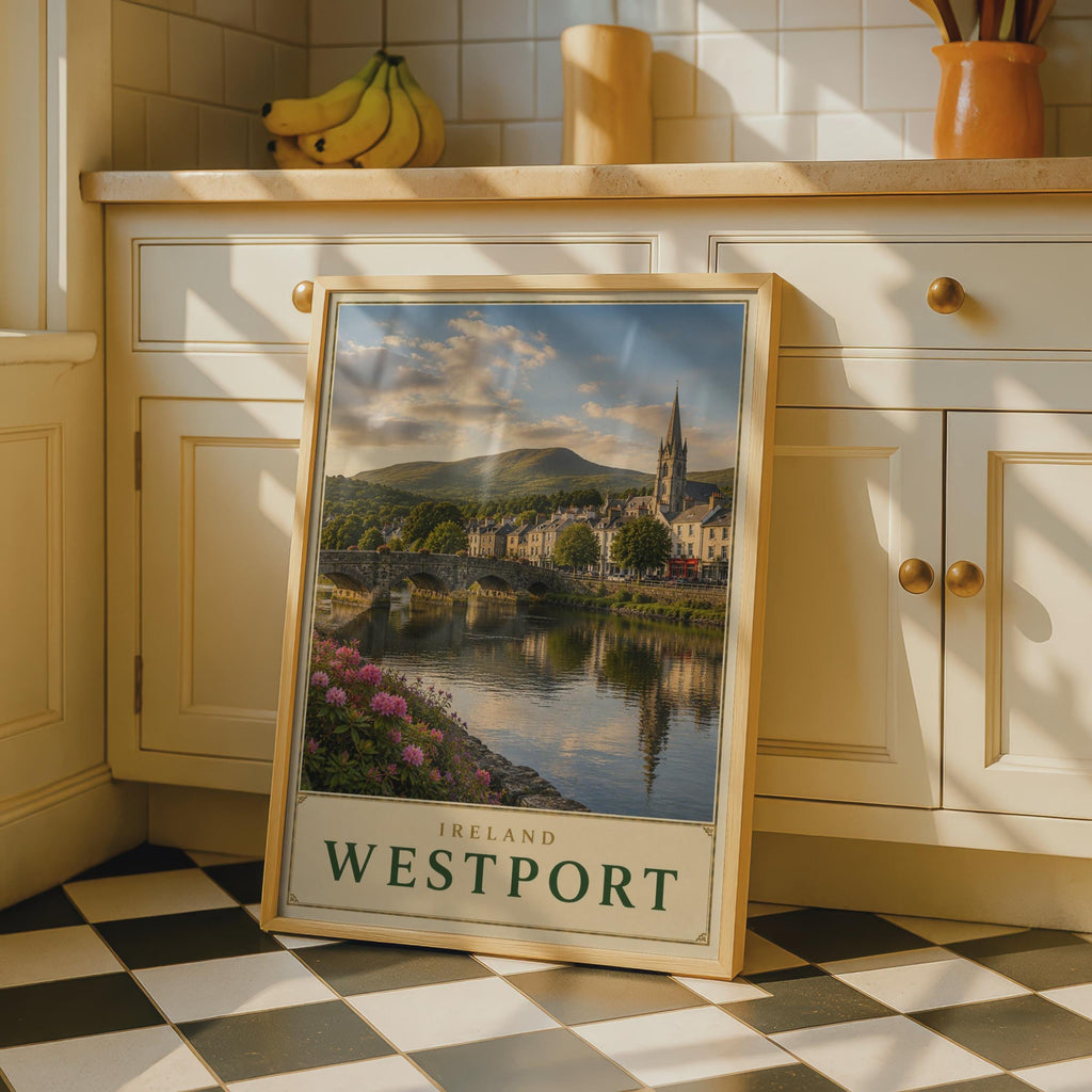 Westport Ireland Travel Poster, County Mayo River Bridge Print, Gothic Church, Green Hills (Wall Art)