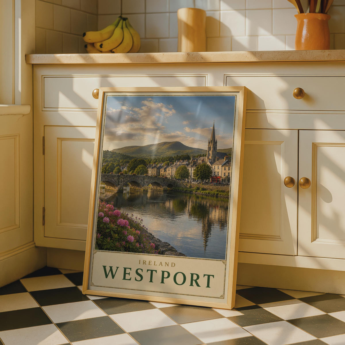 Westport Ireland Travel Poster, County Mayo River Bridge Print, Gothic Church, Green Hills (Wall Art)