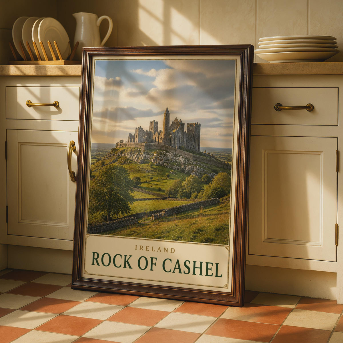 Rock of Cashel Ireland Travel Poster, Medieval Castle Ruins, Tipperary Landscape Art