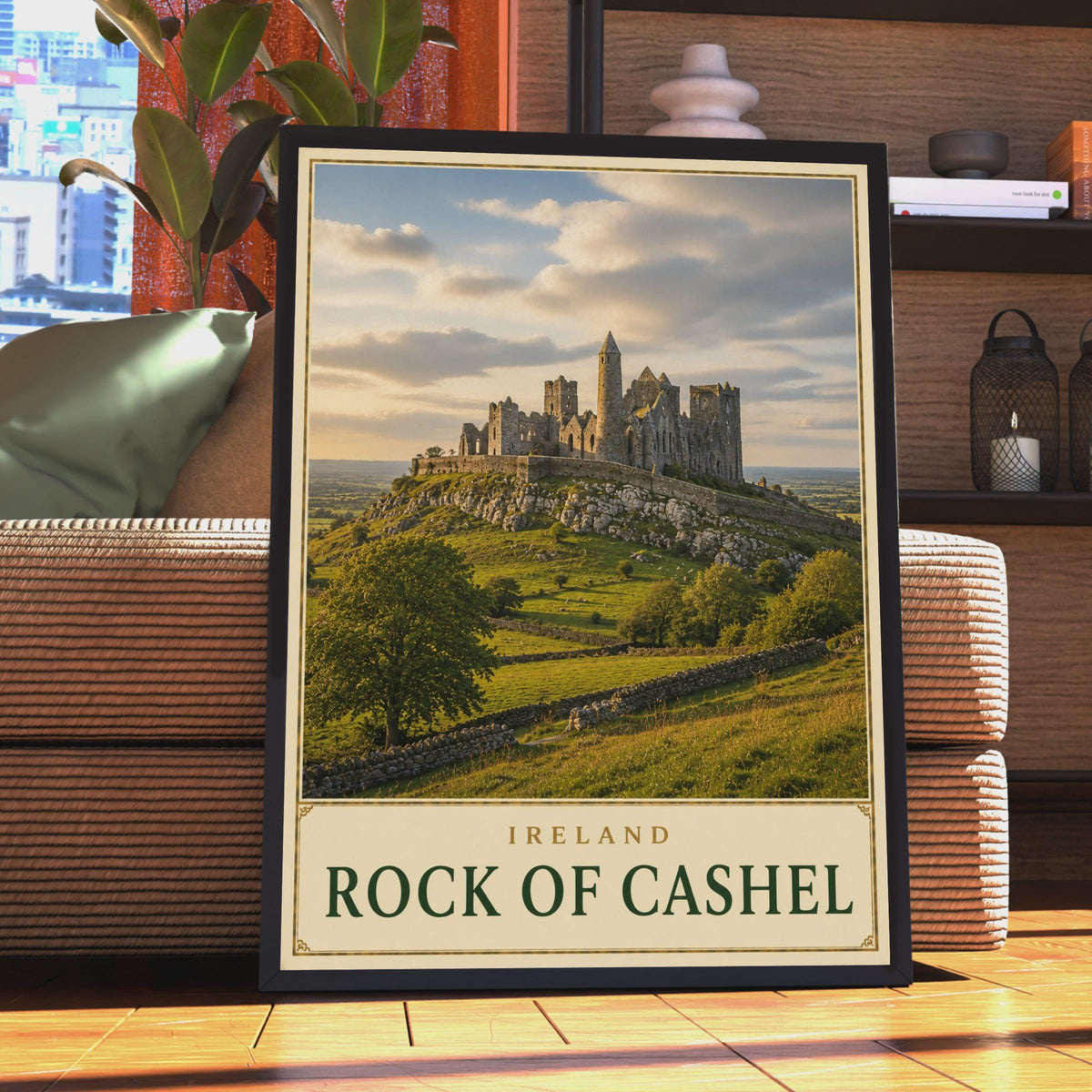 Rock of Cashel Ireland Travel Poster, Medieval Castle Ruins, Tipperary Landscape Art