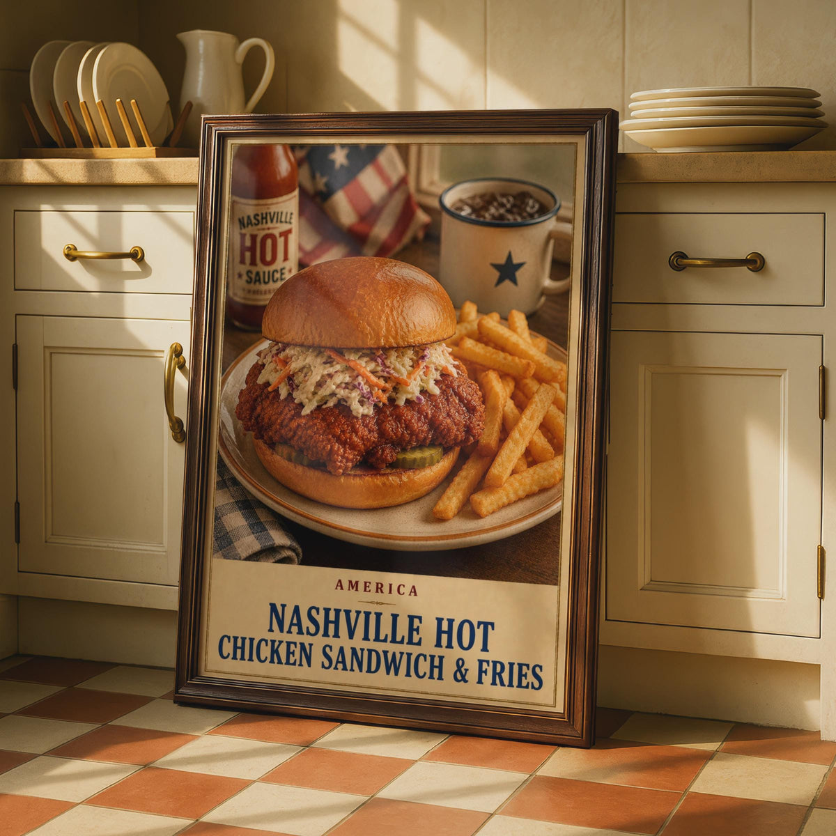 Nashville Hot Chicken Sandwich & Fries Poster, American Diner Wall Art