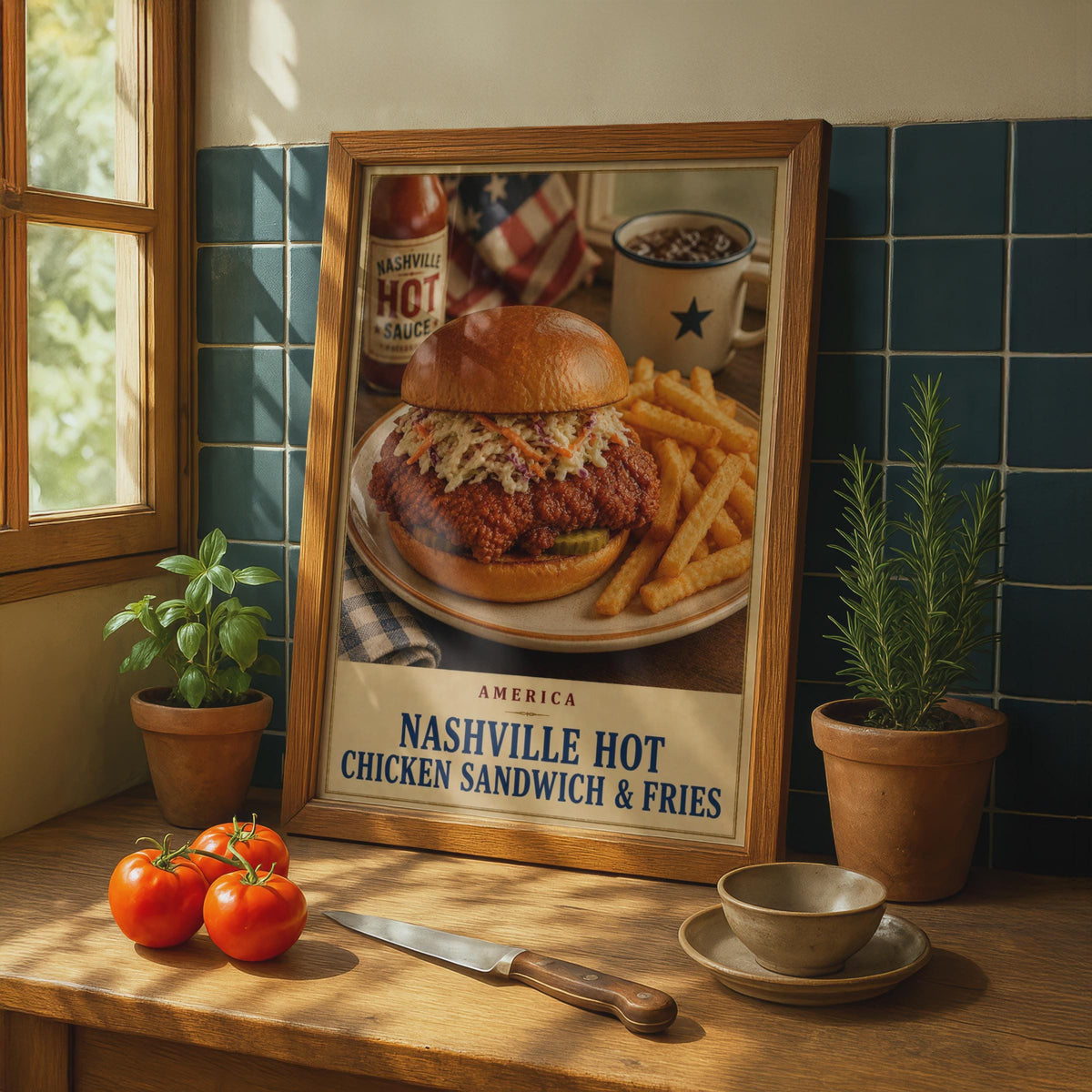 Nashville Hot Chicken Sandwich & Fries Poster, American Diner Wall Art