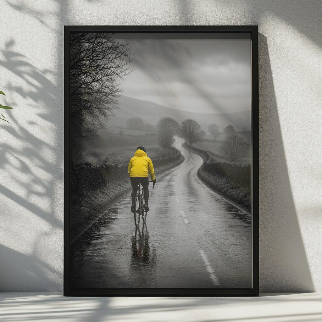Cyclist in Rain Poster, Yellow Jacket Road Cycling Art, Black White Country Lane (Print)