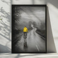 Cyclist in Rain Poster, Yellow Jacket Road Cycling Art, Black White Country Lane (Print)