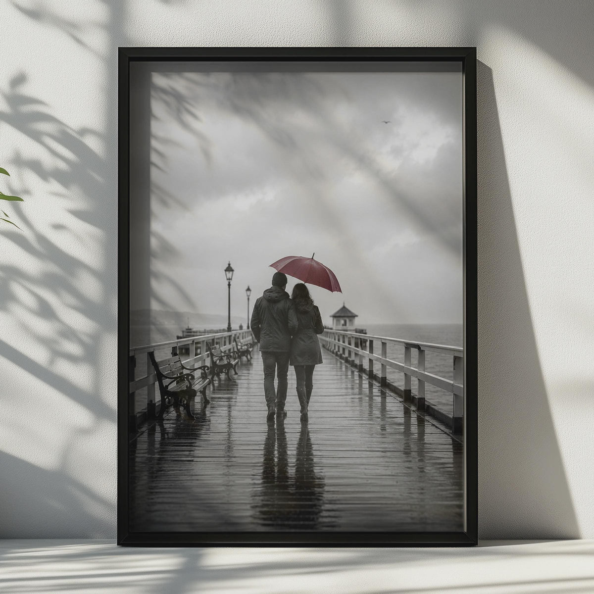 Couple Walking in Rain Poster, Red Umbrella, Moody Romantic Wall Art