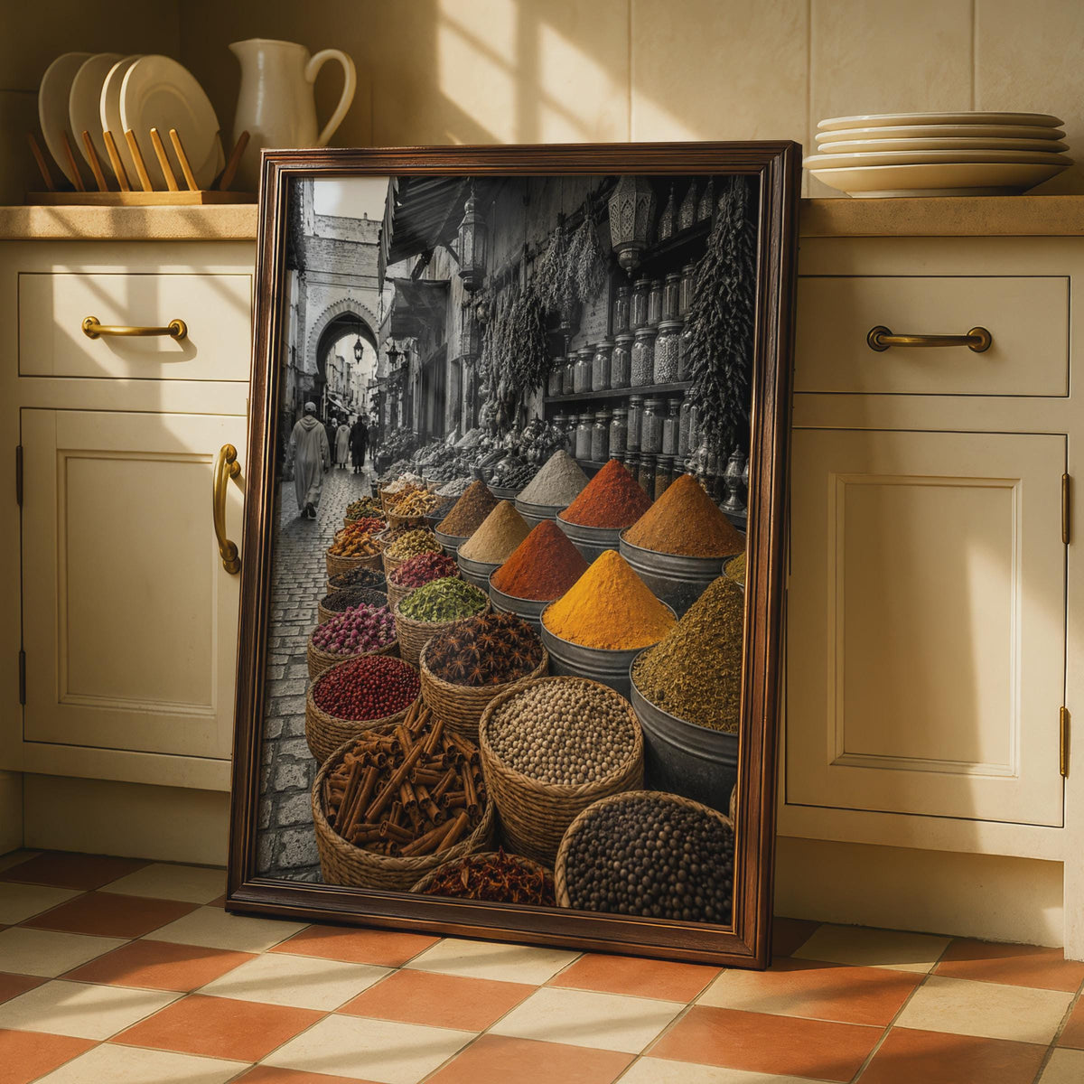 Moroccan Spice Market Poster, Selective Color Souk Photography, Kitchen Wall Art