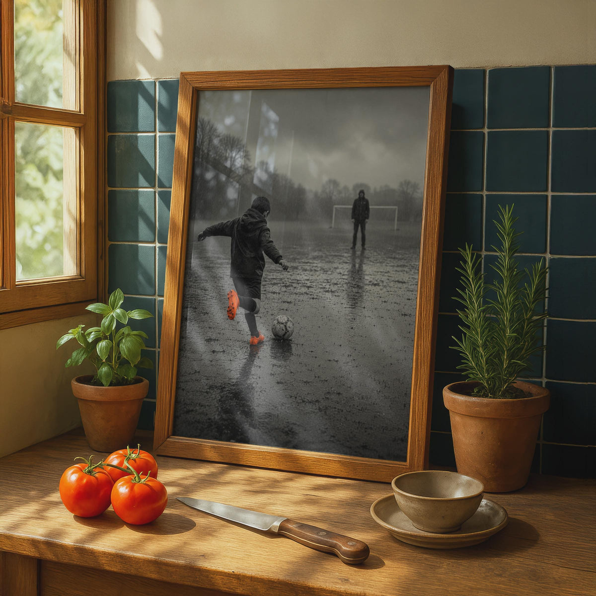 Black and White Football Poster, Rainy Pitch Art, Orange Boots (Print)