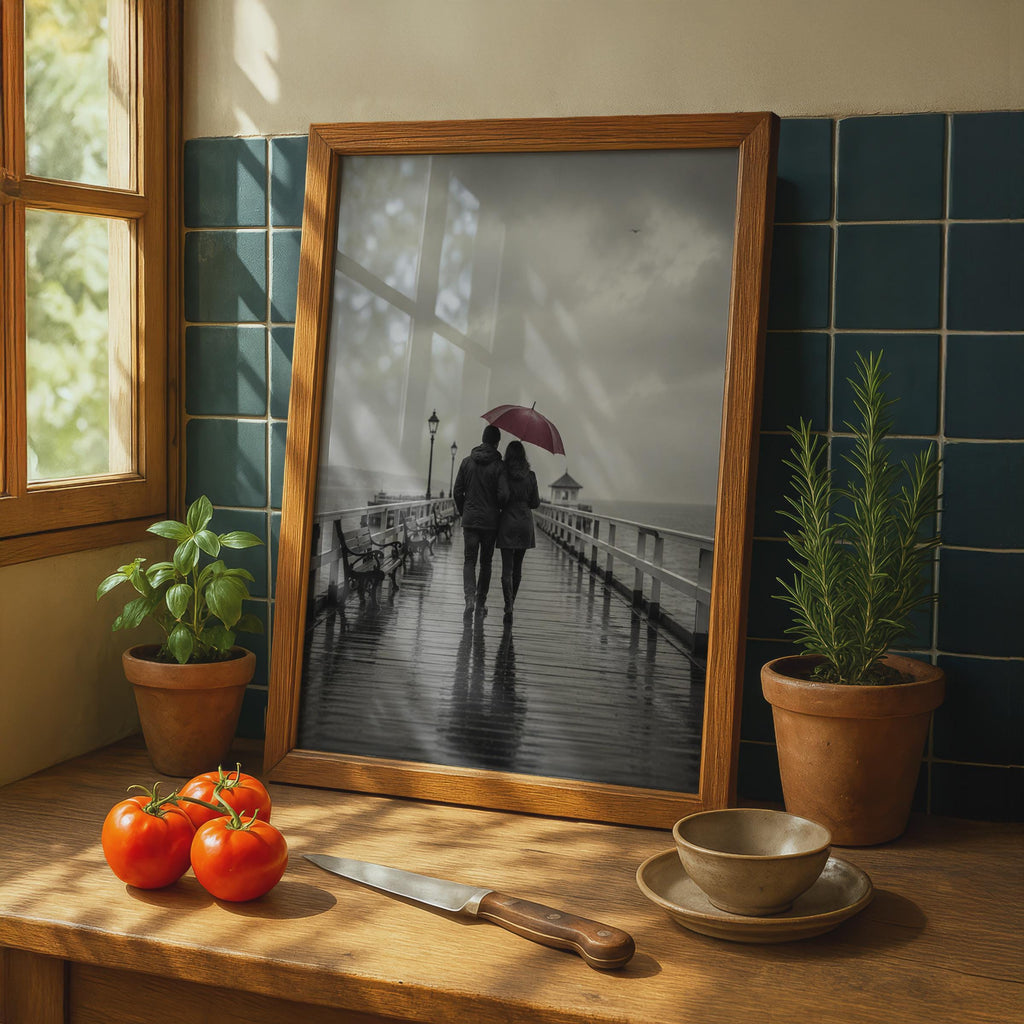 Couple Walking in Rain Poster, Red Umbrella, Moody Romantic Wall Art
