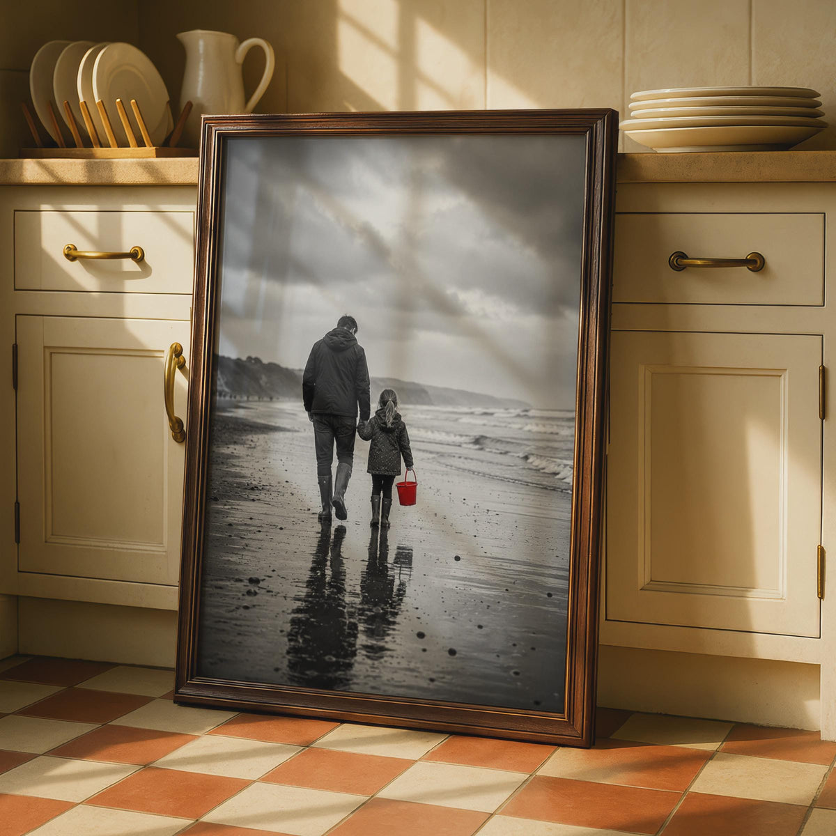 Father Daughter Beach Walk Poster, Black White Red Accent, Emotional Family Wall Art (Print)