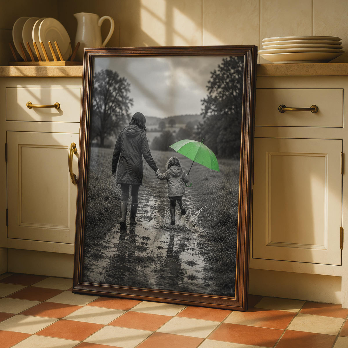 Mother Daughter Rainy Walk Poster, Green Umbrella, Puddle Splashing Art Print